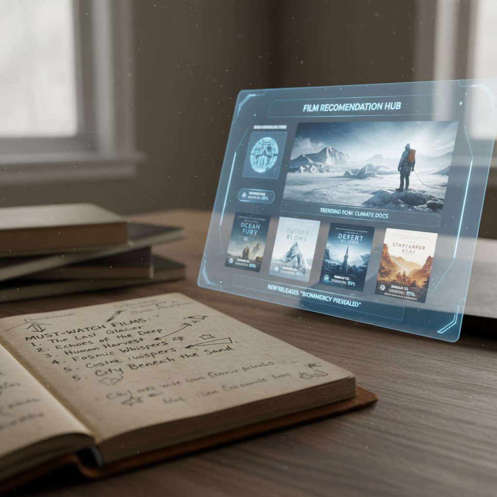 A split-screen showing a handwritten movie list and a digital recommendation dashboard, highlighting the fusion of manual curation and AI-powered discovery