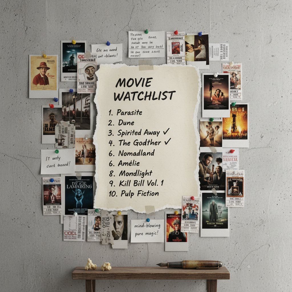 Artistic shot of a handwritten, evolving movie watchlist pinned on a wall, surrounded by film stubs and notes