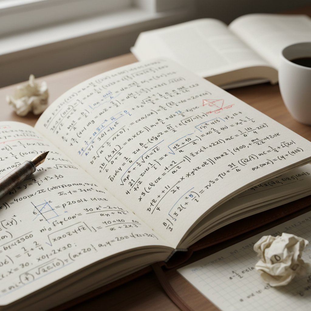 Zeszyt z ręcznie zapisanymi skomplikowanymi równaniami matematycznymi – praca własna ucznia liceum