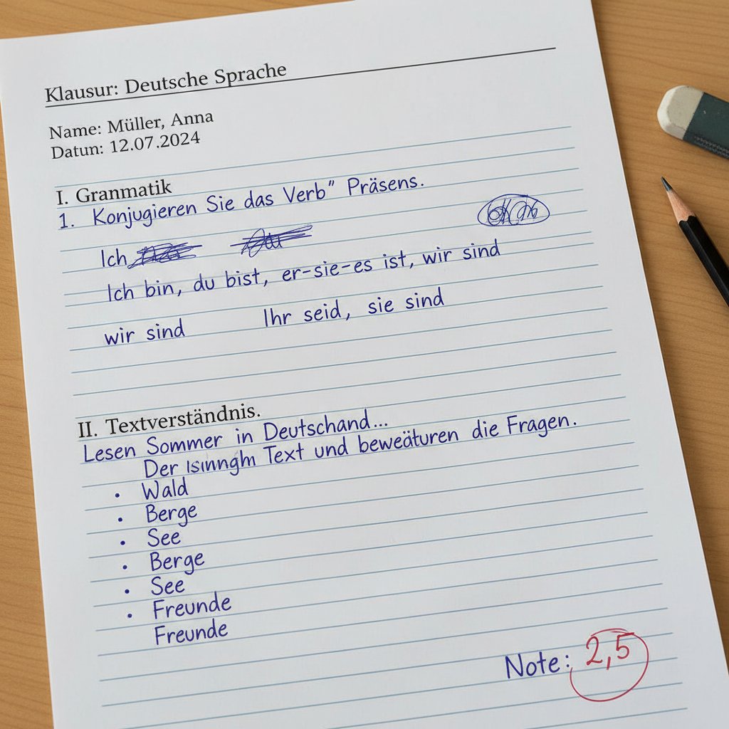 Odręczne notatki i arkusz egzaminacyjny przygotowujące do TestDaF