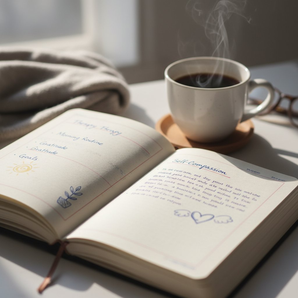 Notatki z dziennika terapeutycznego, ręcznie pisane, filiżanka kawy, ciepłe światło