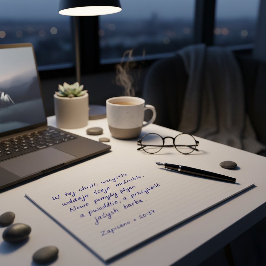 Wyraźny tekst ręcznie napisany na kartce, z rozmytymi liniami przechodzącymi w czytelność, biurko i nowoczesna lampa