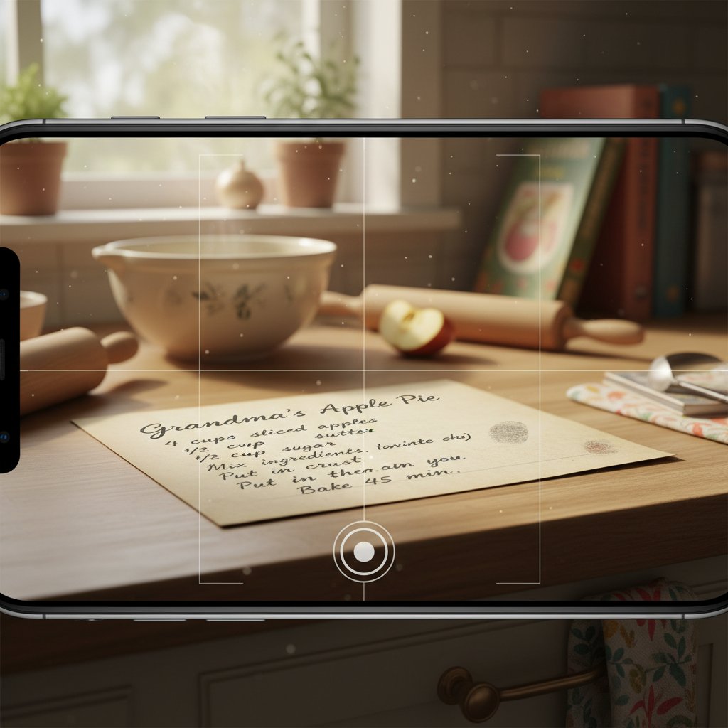 Ręcznie pisany przepis skanowany telefonem w rodzinnej kuchni – zachowanie tradycji zamiast książek kucharskich