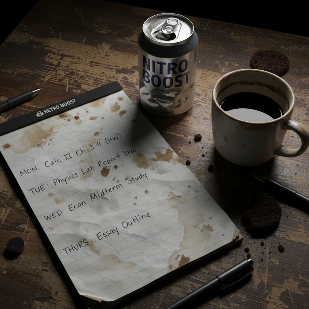 Ręcznie rozpisany plan nauki do matury otoczony notatkami i kawą