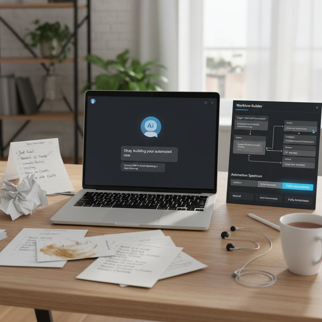 Photo of a desk showing handwritten task lists alongside a laptop screen with an AI chatbot and workflow builder, symbolizing the automation spectrum