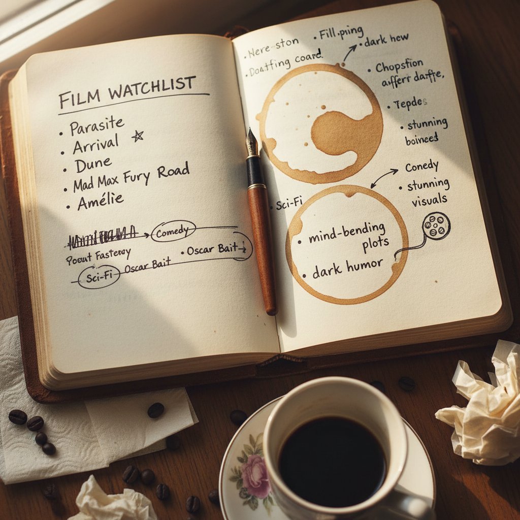 Handwritten sundance movies watchlist in journal, coffee rings, scribbled notes
