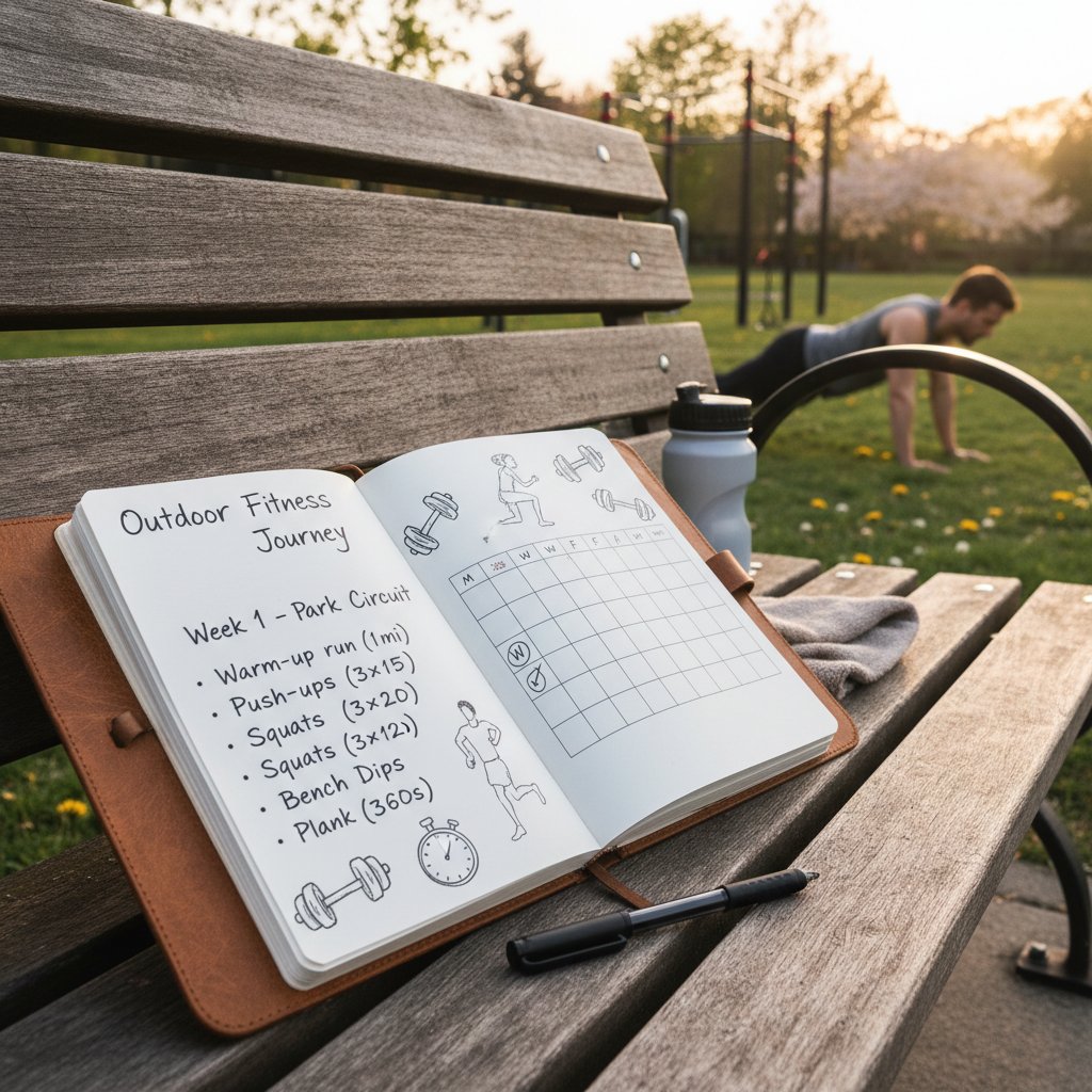 Ręcznie prowadzony dziennik treningowy na ławce w parku, progres bez aplikacji
