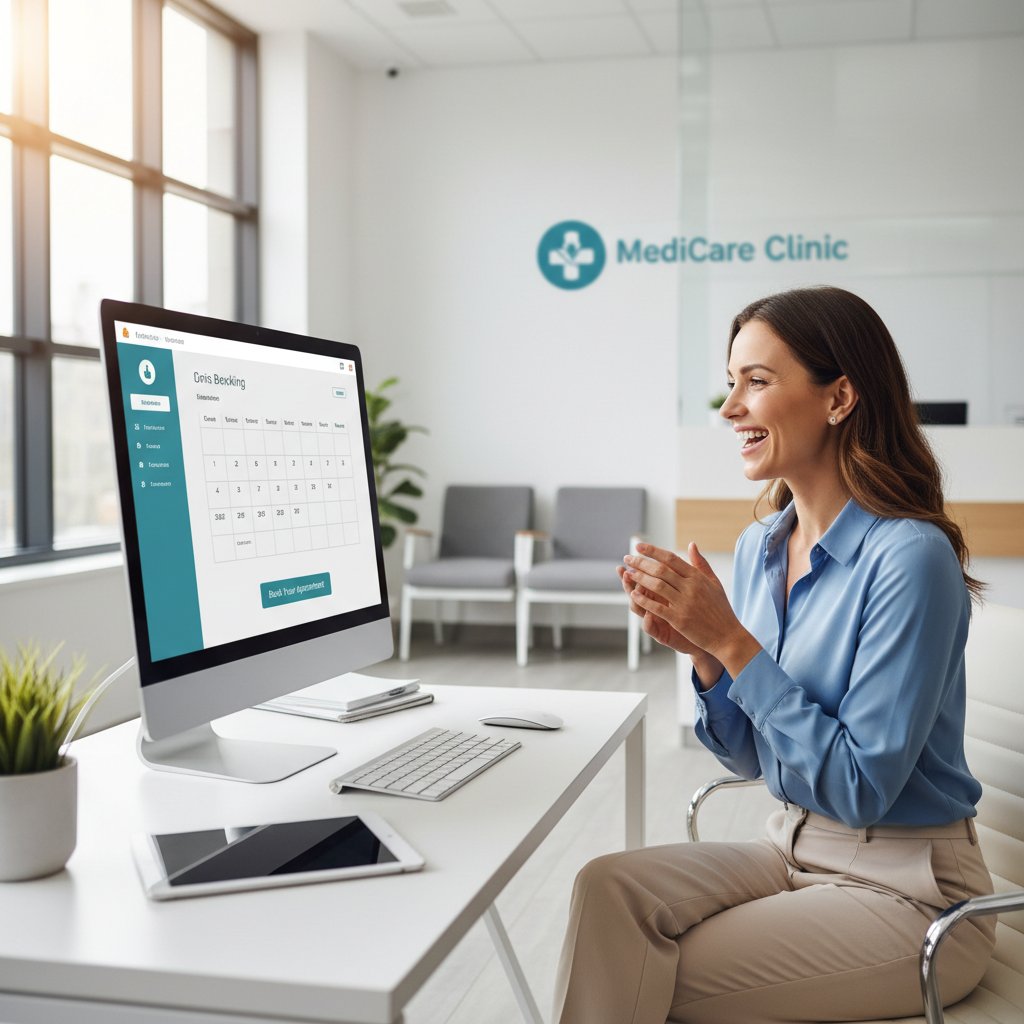 Zadowolony właściciel gabinetu medycznego przy komputerze z panelem e-rejestracji