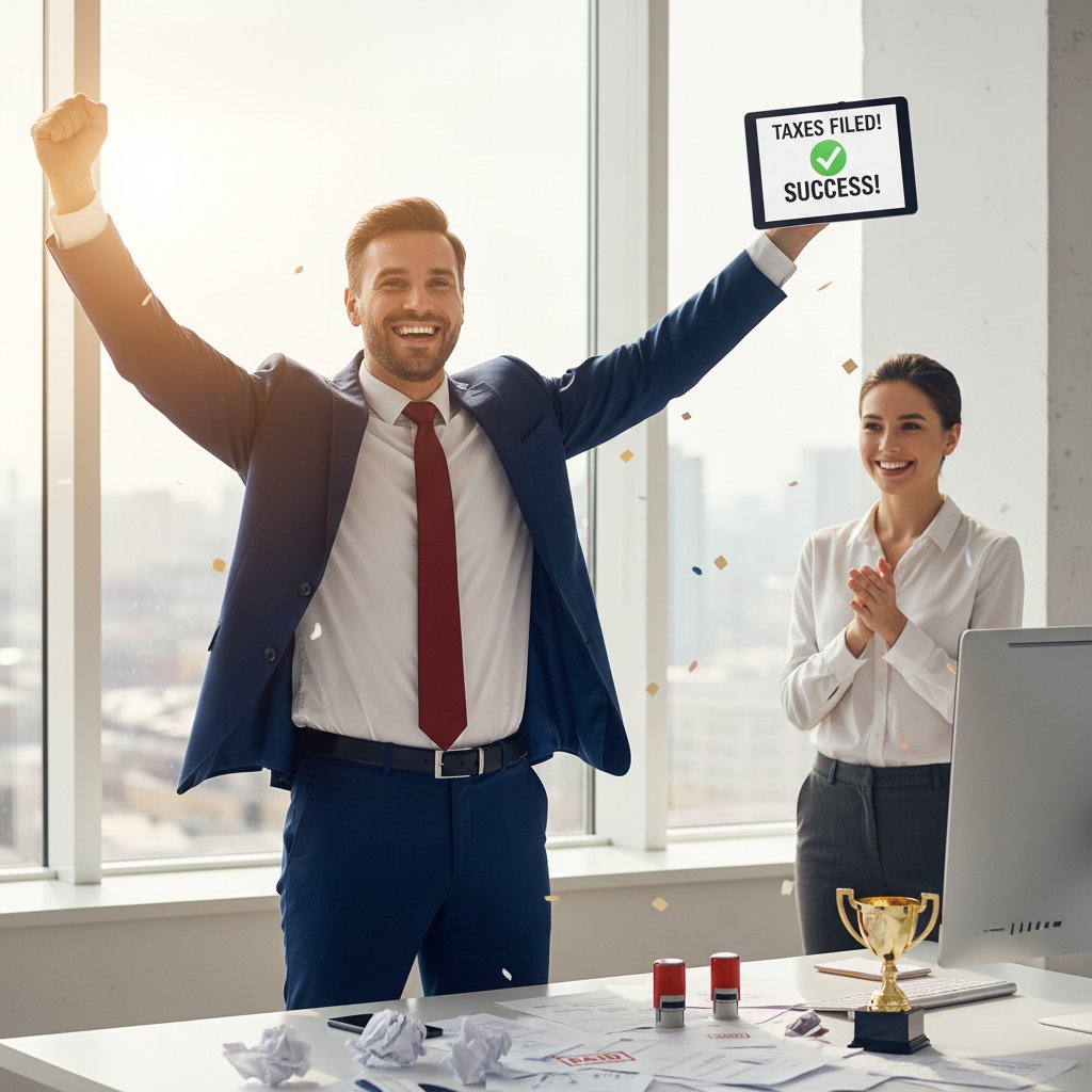 Zadowolony przedsiębiorca po udanym rozliczeniu CIT, sukces podatkowy