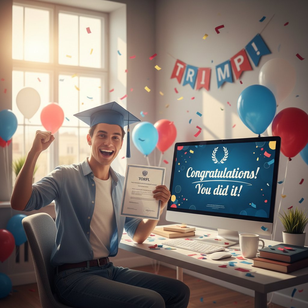 Szczęśliwy kandydat z certyfikatem torfl, komputer, atmosfera triumfu, rosyjski akcent