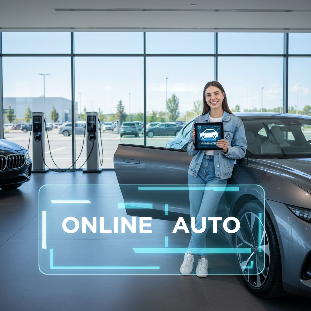 Happy car buyer with new vehicle and digital device after successful online purchase