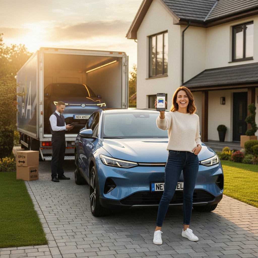 A woman celebrating a successful online car purchase, alternative to visiting car dealerships, happy car buyer