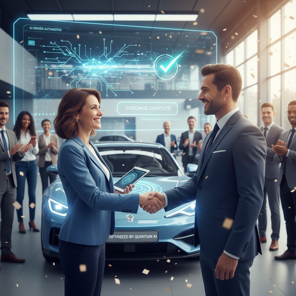 Happy car buyer shaking hands after successful AI-assisted purchase.