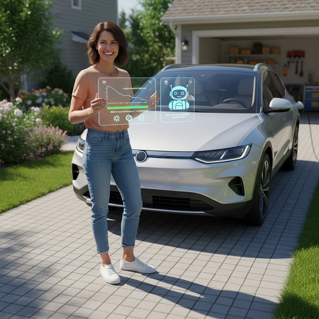 Car buyer celebrates savings from AI-guided purchase, reviewing report in driveway