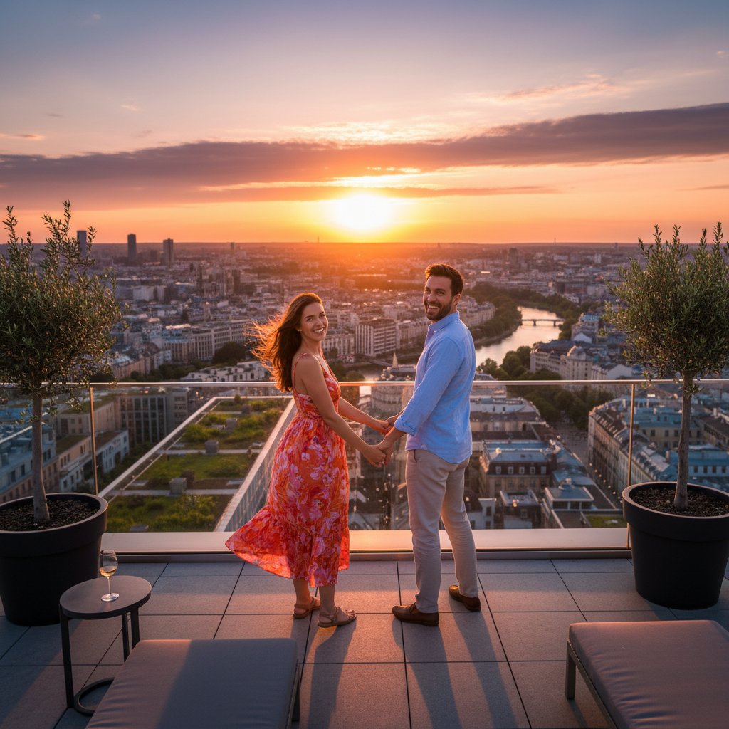 Happy couple holding hands on rooftop at sunset, online dating relationship success