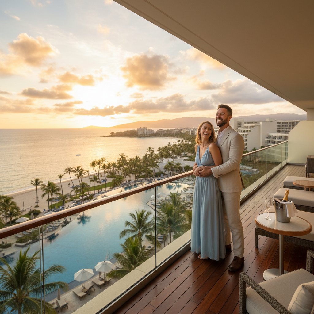 Para ciesząca się widokiem z hotelowego balkonu, symbol szczęścia i luksusu