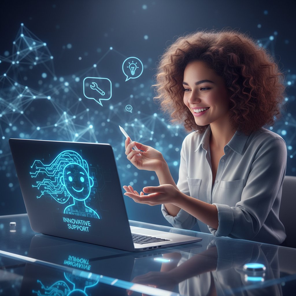 Zadowolona klientka korzystająca z awatara AI na laptopie, komfortowa obsługa klienta, innowacja