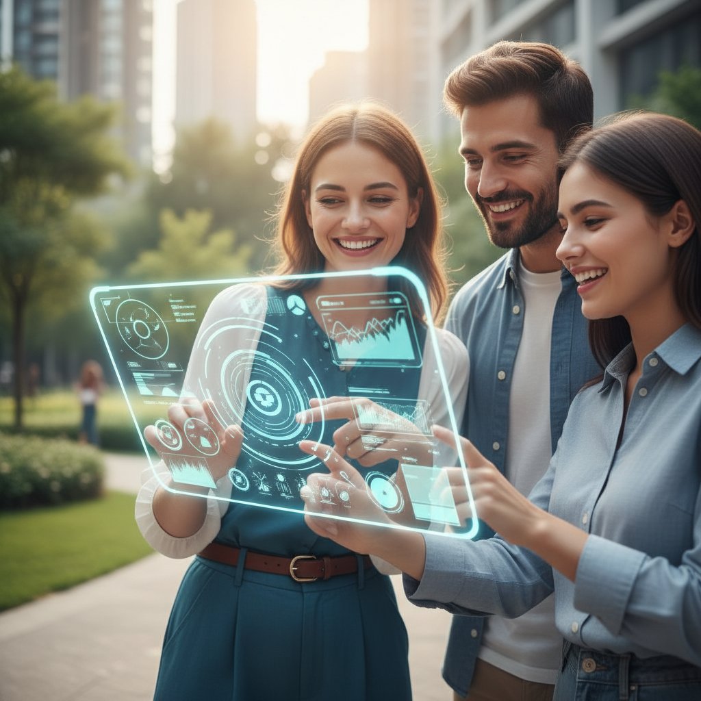 Zadowolony klient rozmawia z AI na ekranie tabletu, obok na kanapie siedzi człowiek - symbol balansu