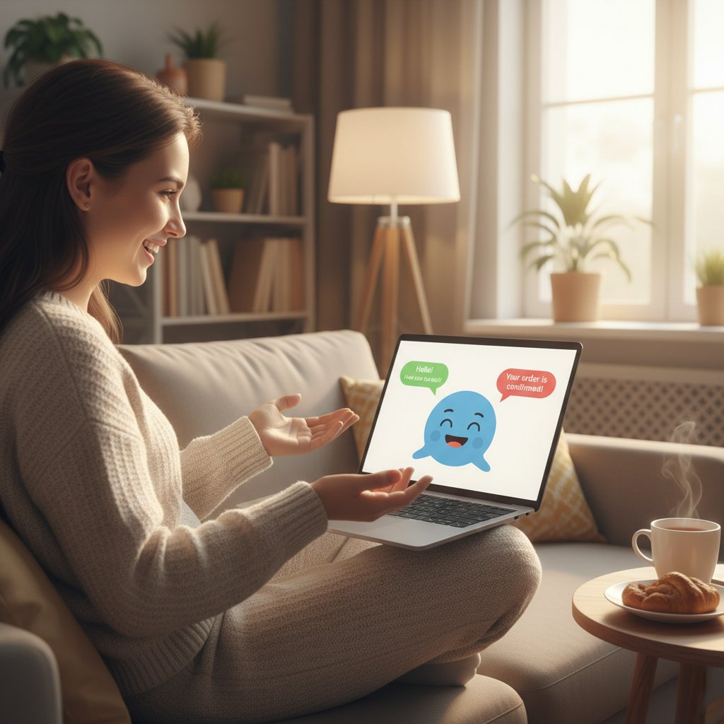 Uśmiechnięty klient rozmawia z botem wyświetlanym na ekranie laptopa, ciepłe światło, przyjazna atmosfera