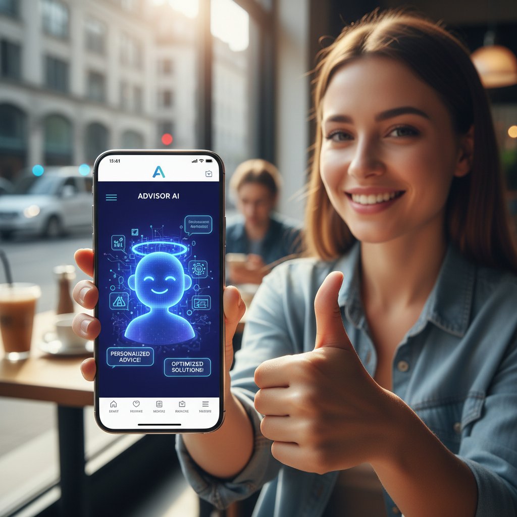 Zadowolony klient rozmawia z cyfrowym doradcą AI w aplikacji mobilnej