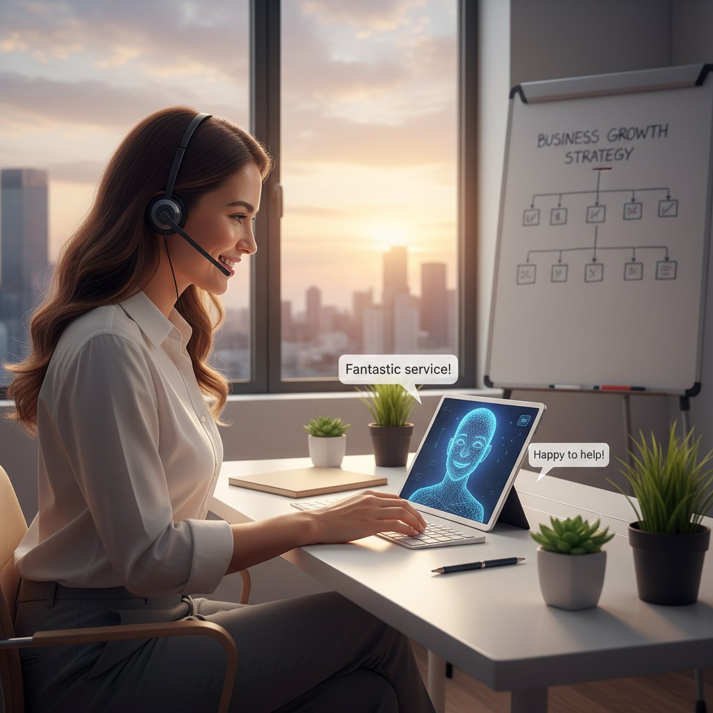 Zadowolony klient komunikujący się z wirtualnym asystentem, nieświadomy automatyzacji