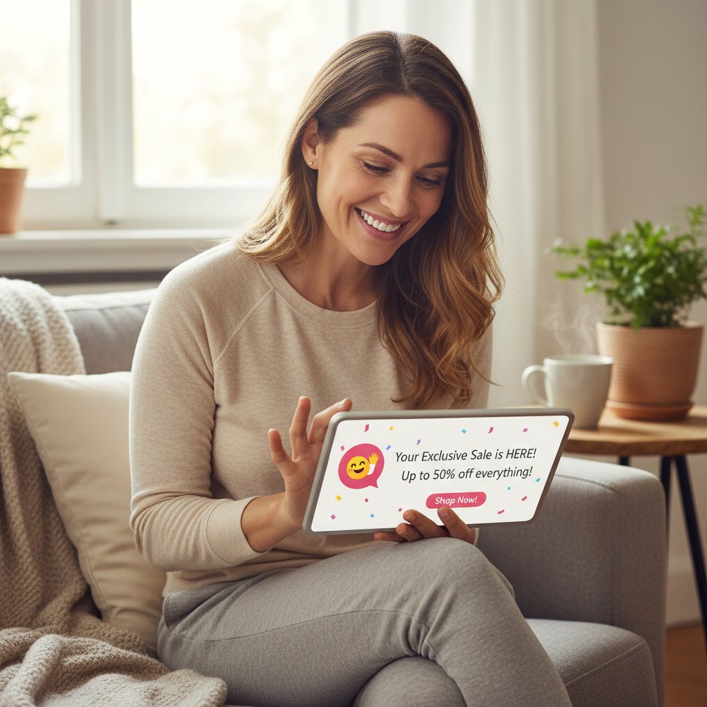 Zadowolony klient otrzymuje od chatbota powiadomienie o wyprzedaży ulubionej marki, uśmiech, dom