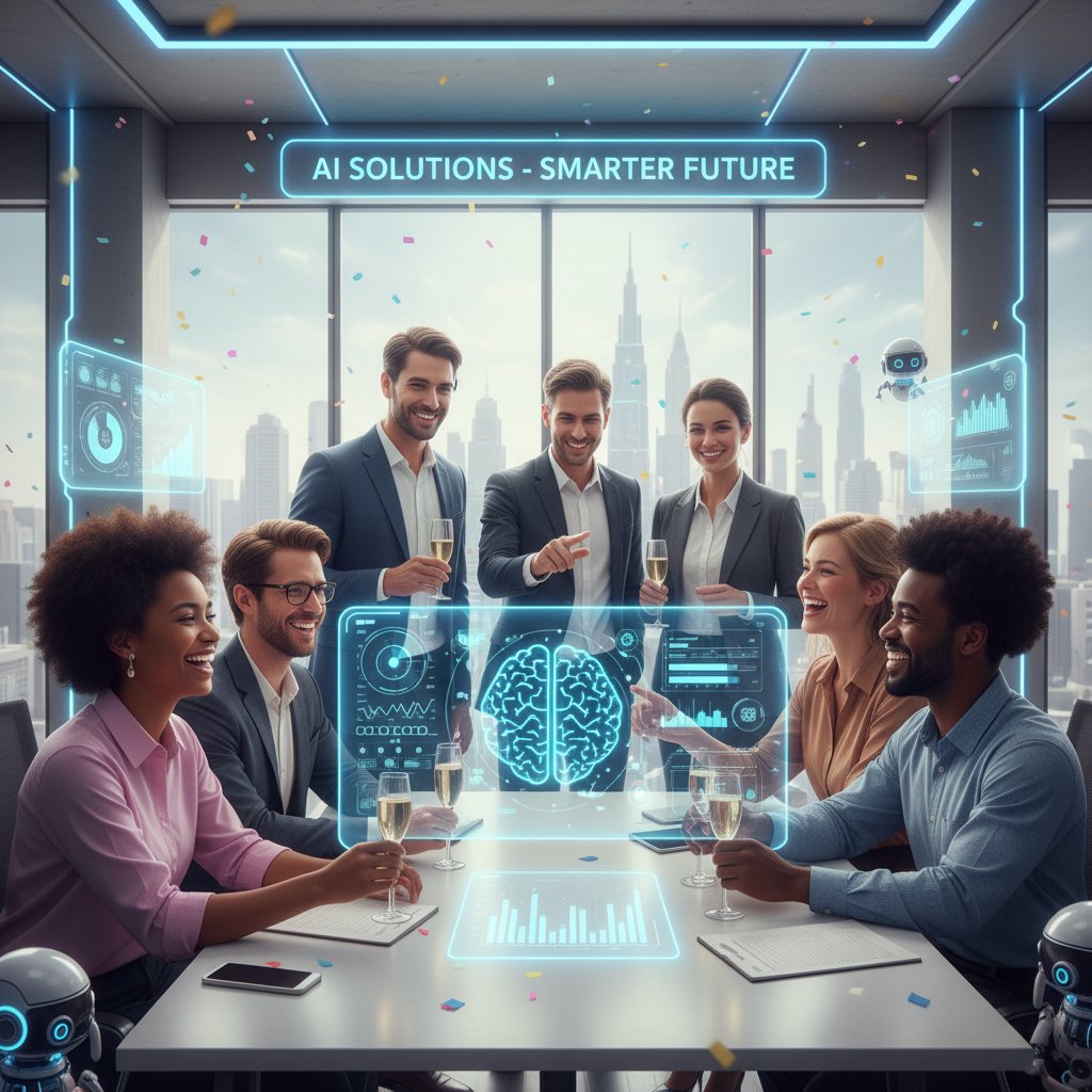 Zadowoleni klienci i zespół firmy po wdrożeniu programu AI