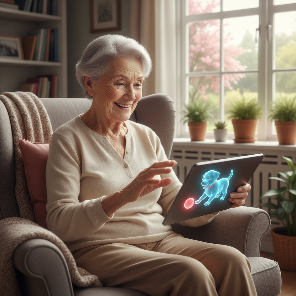 Senior cieszący się interakcją z wirtualnym psem, pozytywne emocje