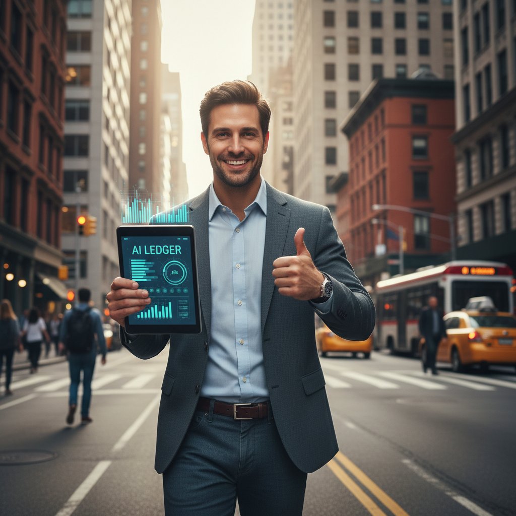 Zadowolony przedsiębiorca korzystający z aplikacji księgowej AI na tablecie podczas spaceru