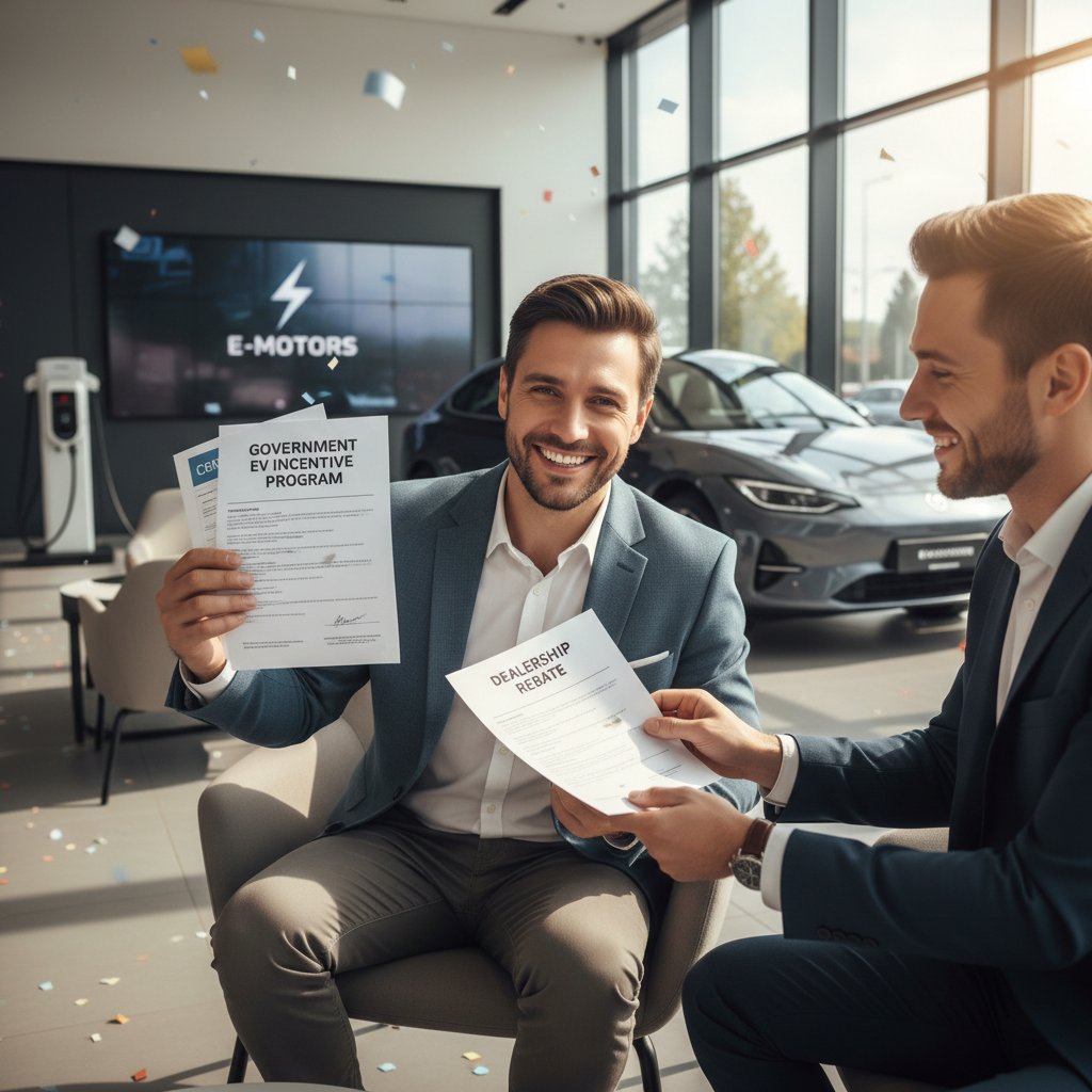 Happy EV buyer with incentive paperwork, dealership setting
