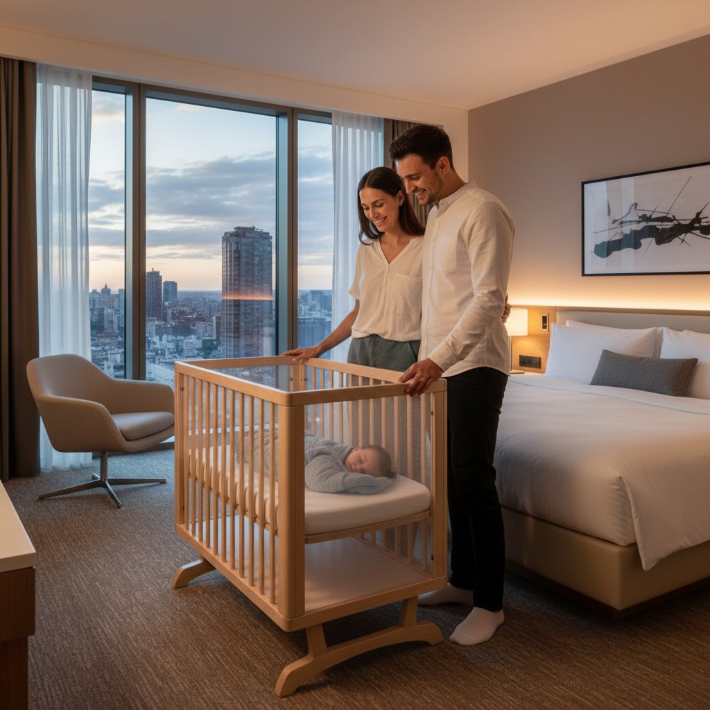 Szczęśliwa rodzina z dzieckiem w hotelowym pokoju, nowoczesne i bezpieczne łóżeczko dziecięce, atmosfera spokoju