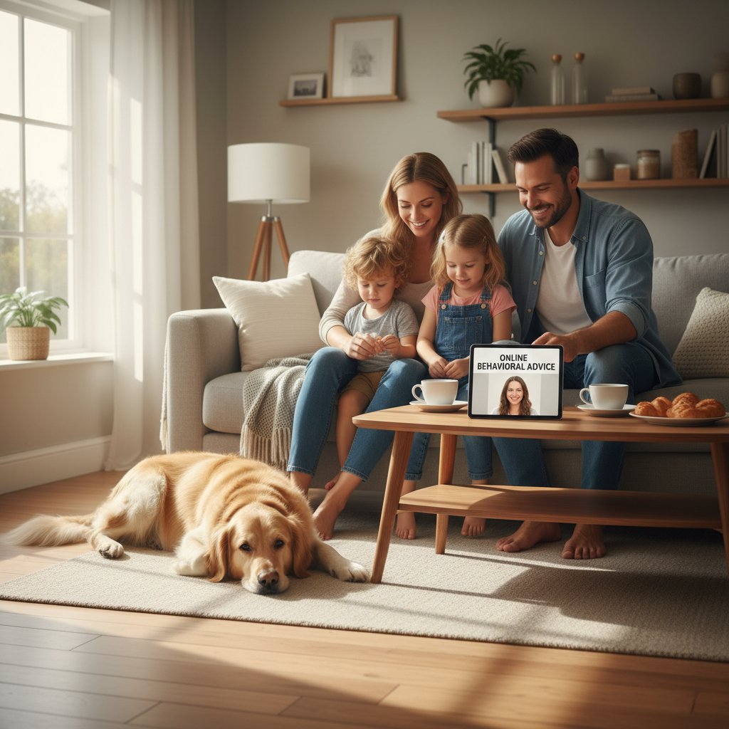 Szczęśliwa rodzina i spokojny pies po skutecznej poradzie online, poranne światło, porady behawioralne pies online