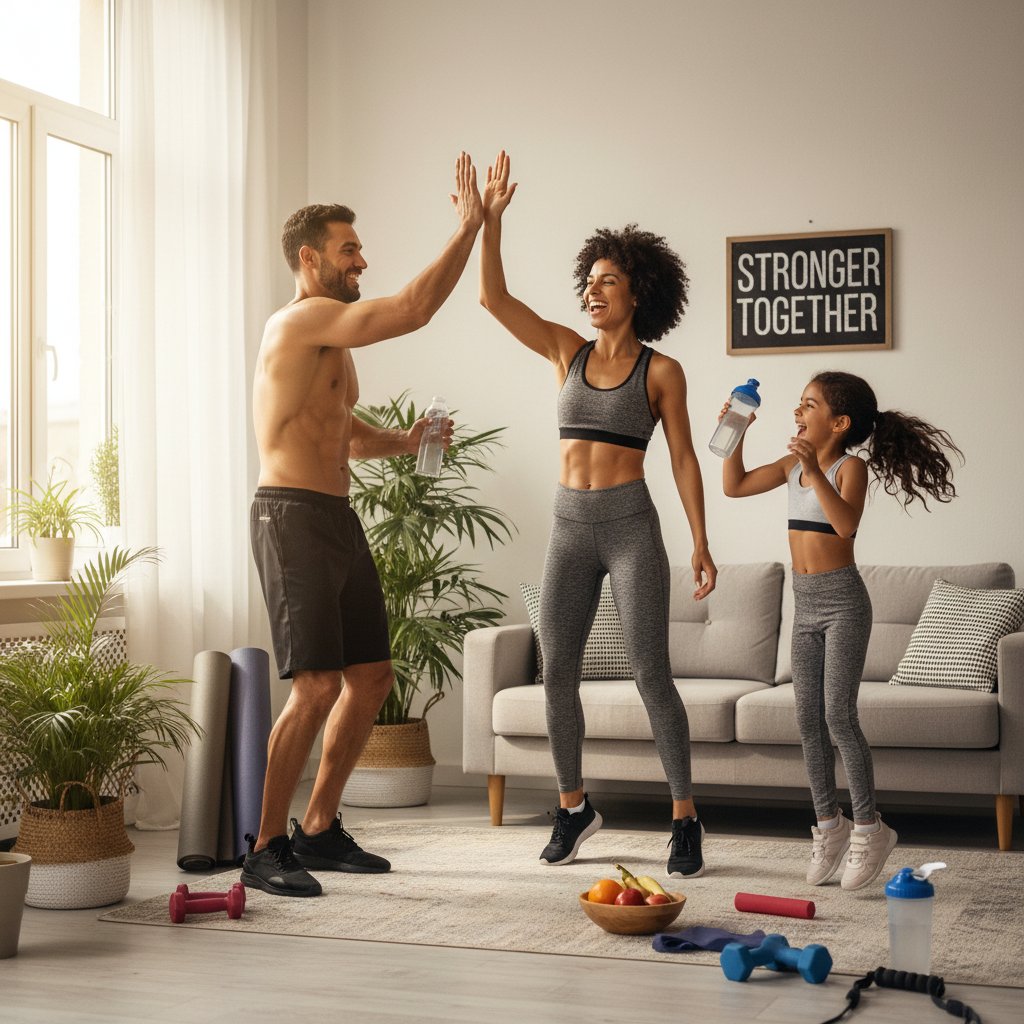 Rodzina uśmiechnięta po wspólnym treningu, świętująca razem sukces