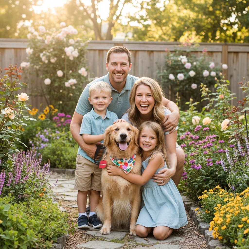 Szczęśliwa rodzina z adoptowanym psem w ogrodzie, wszyscy uśmiechnięci, pies merda ogonem