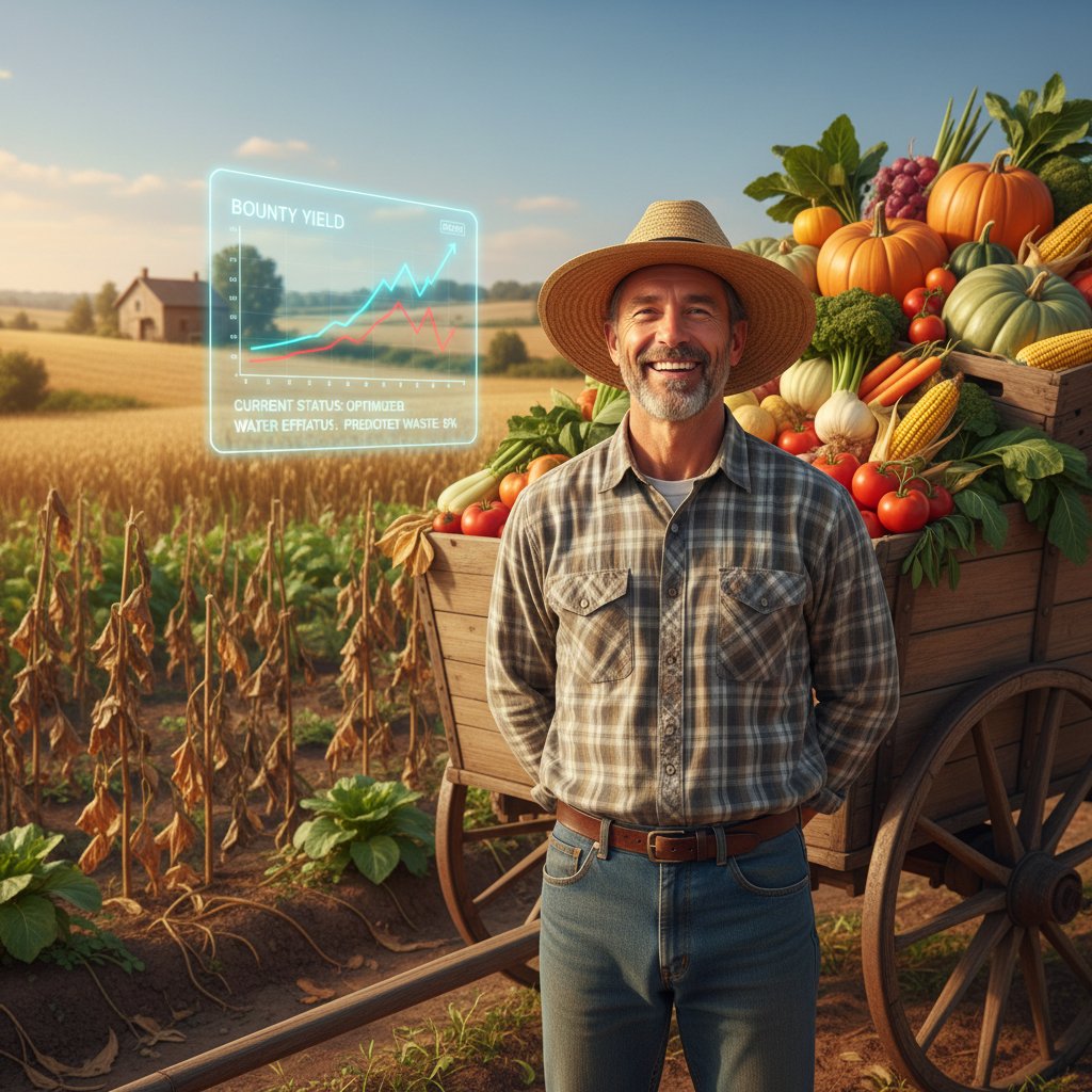 Zadowolony rolnik pokazujący bujne plony obok tablicy z danymi, obok inny ogród z uschniętymi roślinami