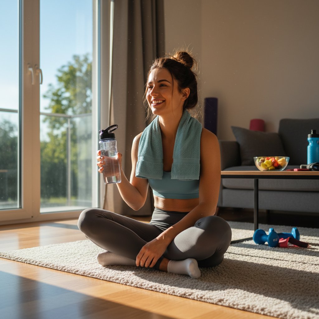 Radosna kobieta po domowym treningu, promienieje energią, otwarte okno, światło dzienne
