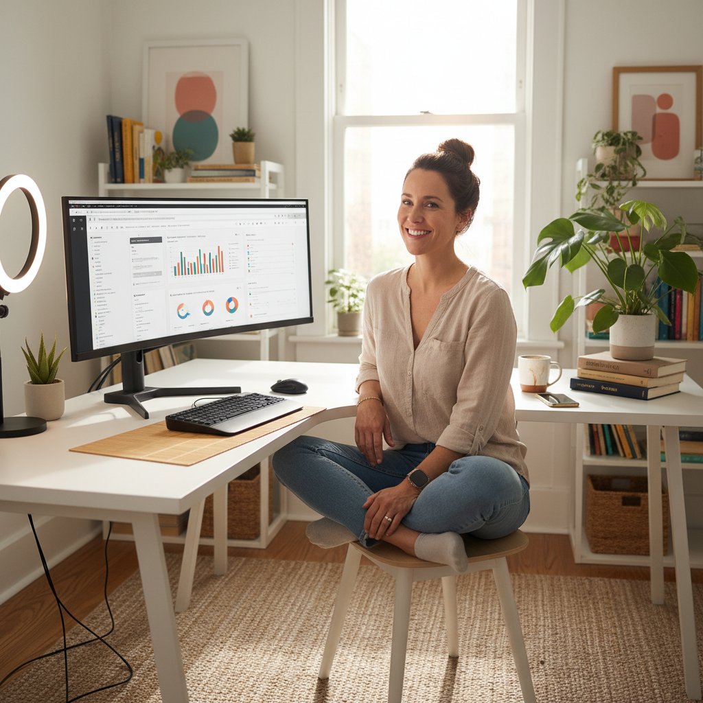 Freelancer z uporządkowaną skrzynką mailową, spokojna praca, nowoczesne wnętrze