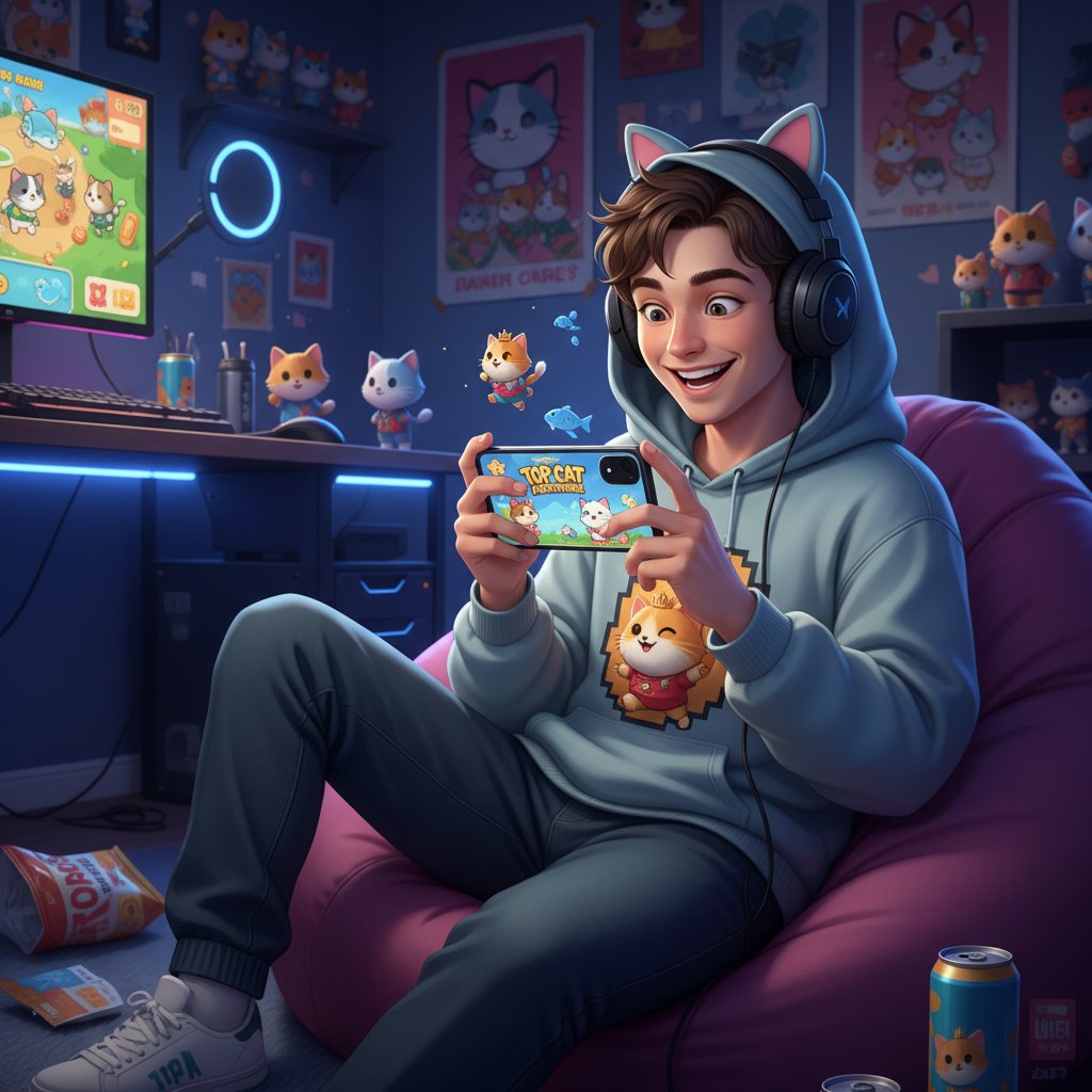 Zadowolony gracz z telefonem, ekran z topową grą mobilną z kotkiem