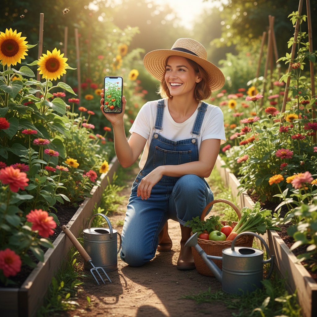 Zdjęcie szczęśliwej osoby pielęgnującej ogród przy użyciu aplikacji na smartfonie, letnie światło