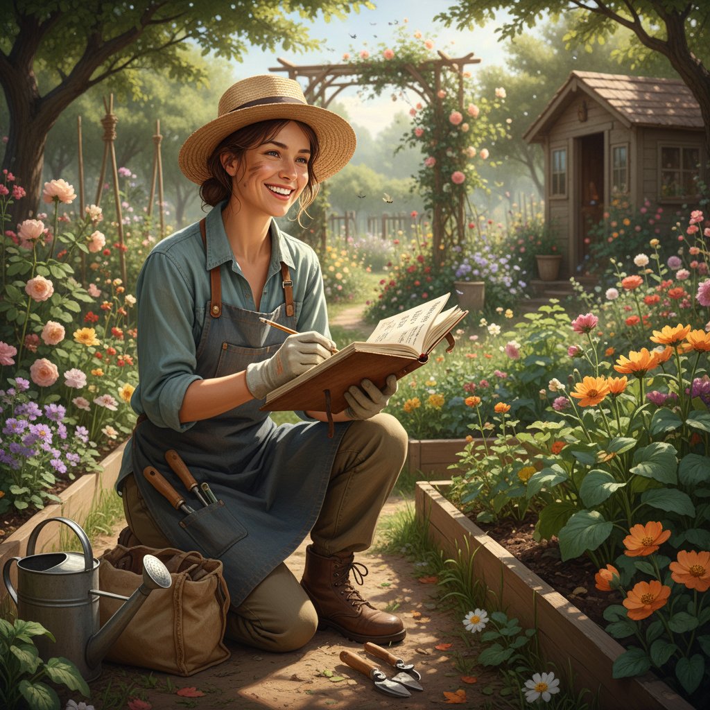 Zadowolony ogrodnik z zeszytem, analizuje efekty działań przy rabacie