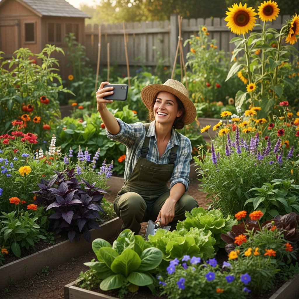 Szczęśliwy ogrodnik trzymający smartfona i patrzący na bujne rabaty