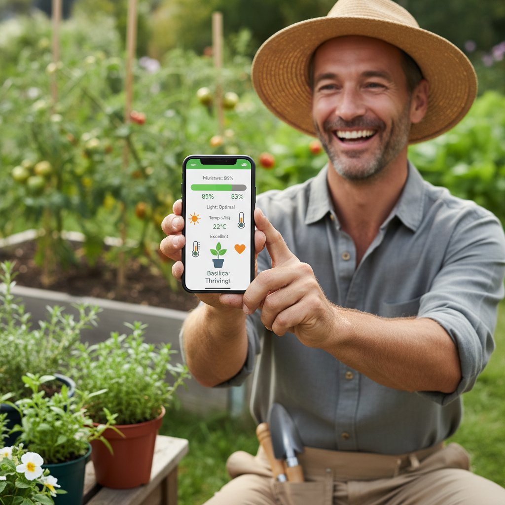 Zadowolony ogrodnik przeglądający statystyki upraw na smartfonie w otoczeniu roślin