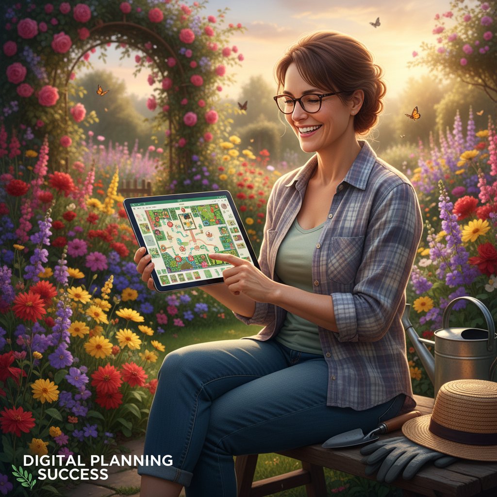 Ogród w pełnym rozkwicie, szczęśliwa osoba z tabletem dokumentująca efekty cyfrowego planowania