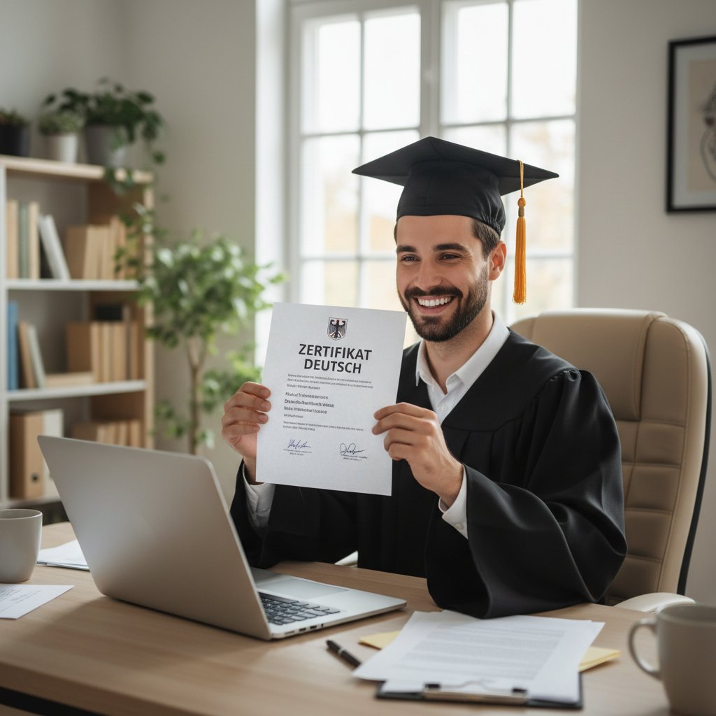 Zadowolony absolwent trzymający certyfikat niemieckiego wydrukowany z PDF, domowe biuro, laptop w tle