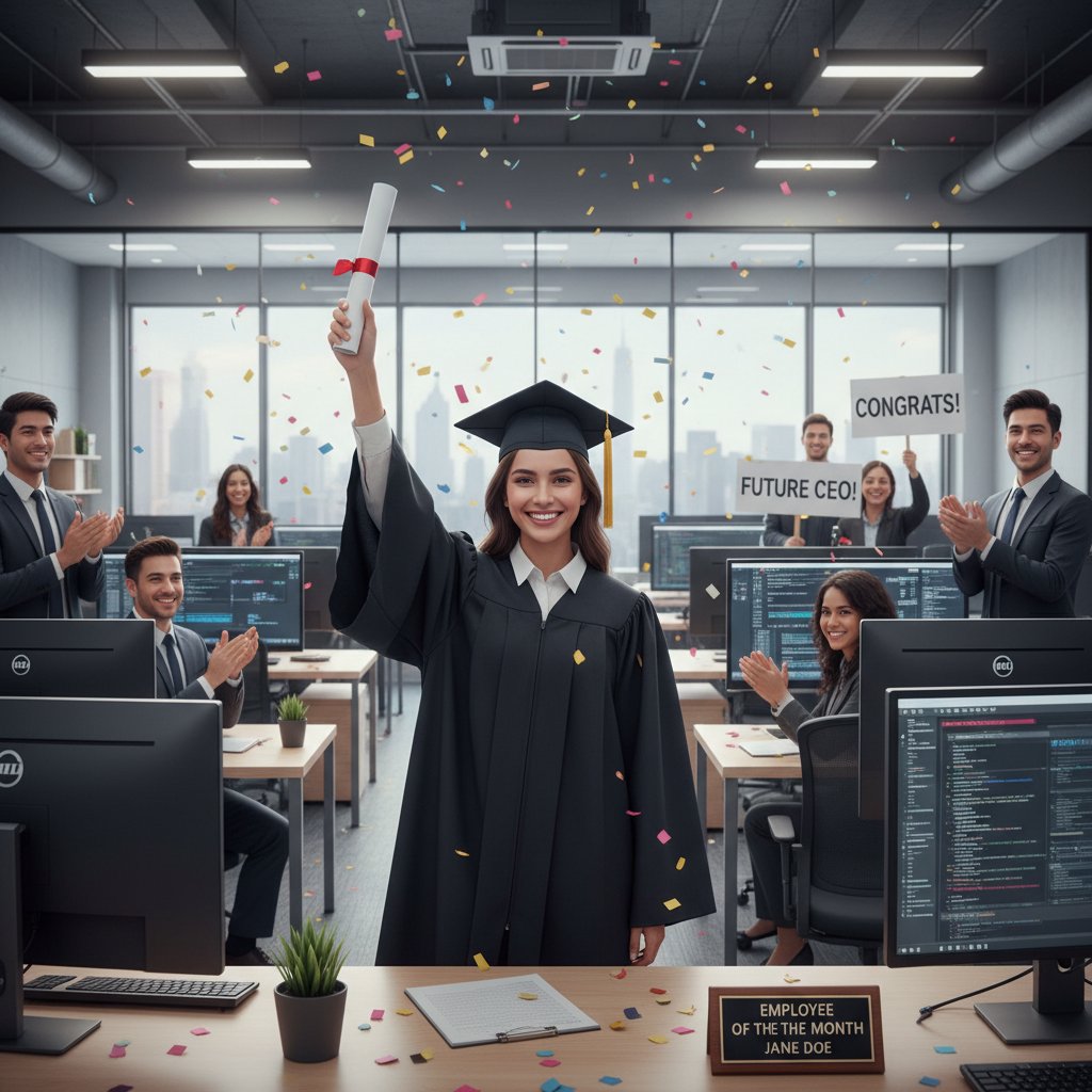 Zadowolona absolwentka w biurze IT, trzymająca dyplom, z widocznym komputerem i kodem na ekranie