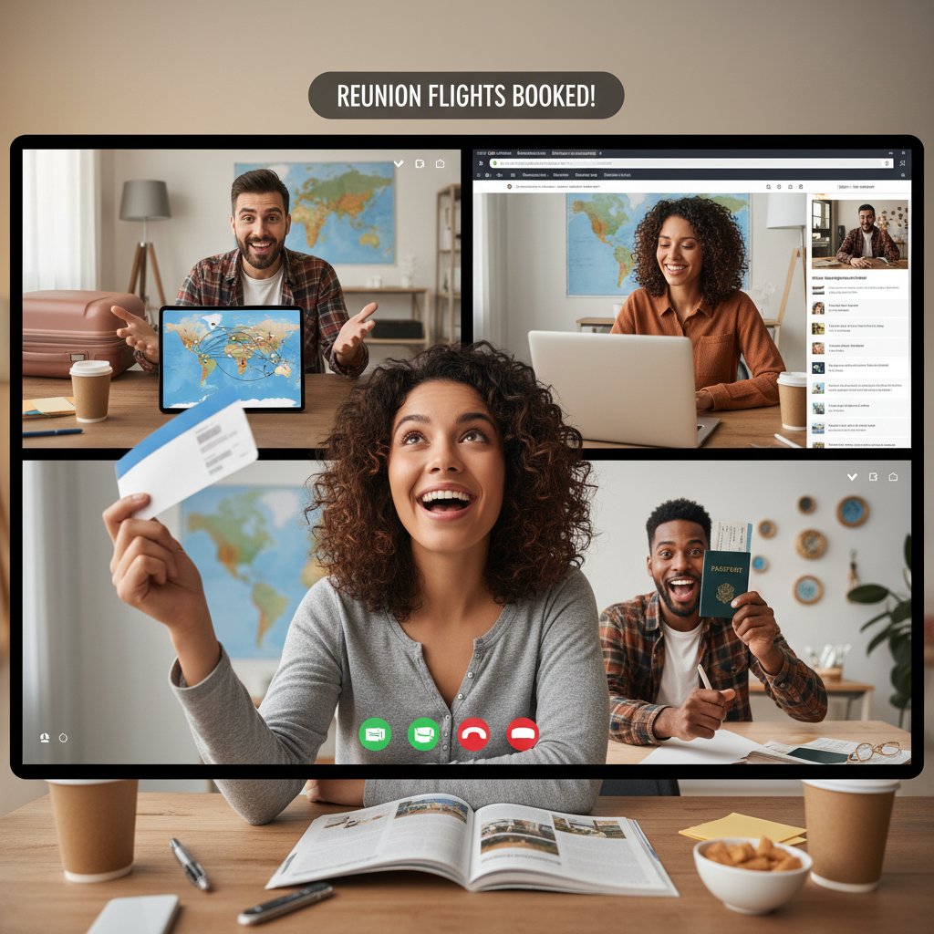 A group video call between friends, each smiling as they plan their upcoming reunion flight