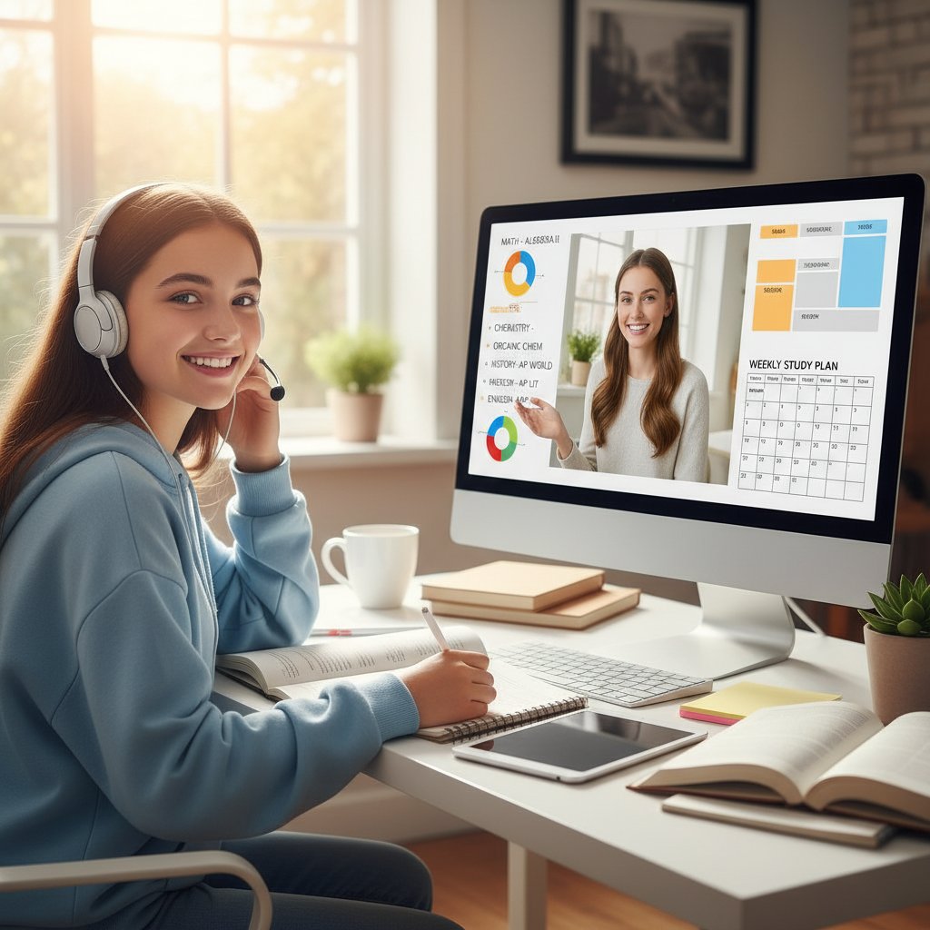 Licealista zadowolony po korepetycjach online, siedzi przy biurku z laptopem, trzyma w ręku plan nauki, uśmiechnięty