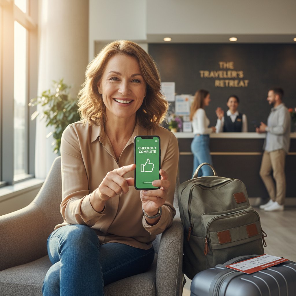 Zadowolony gość hotelowy korzystający z aplikacji mobilnej przy check-oucie