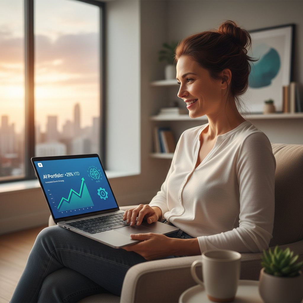 Zadowolony inwestor przy laptopie analizujący portfel przy wsparciu AI