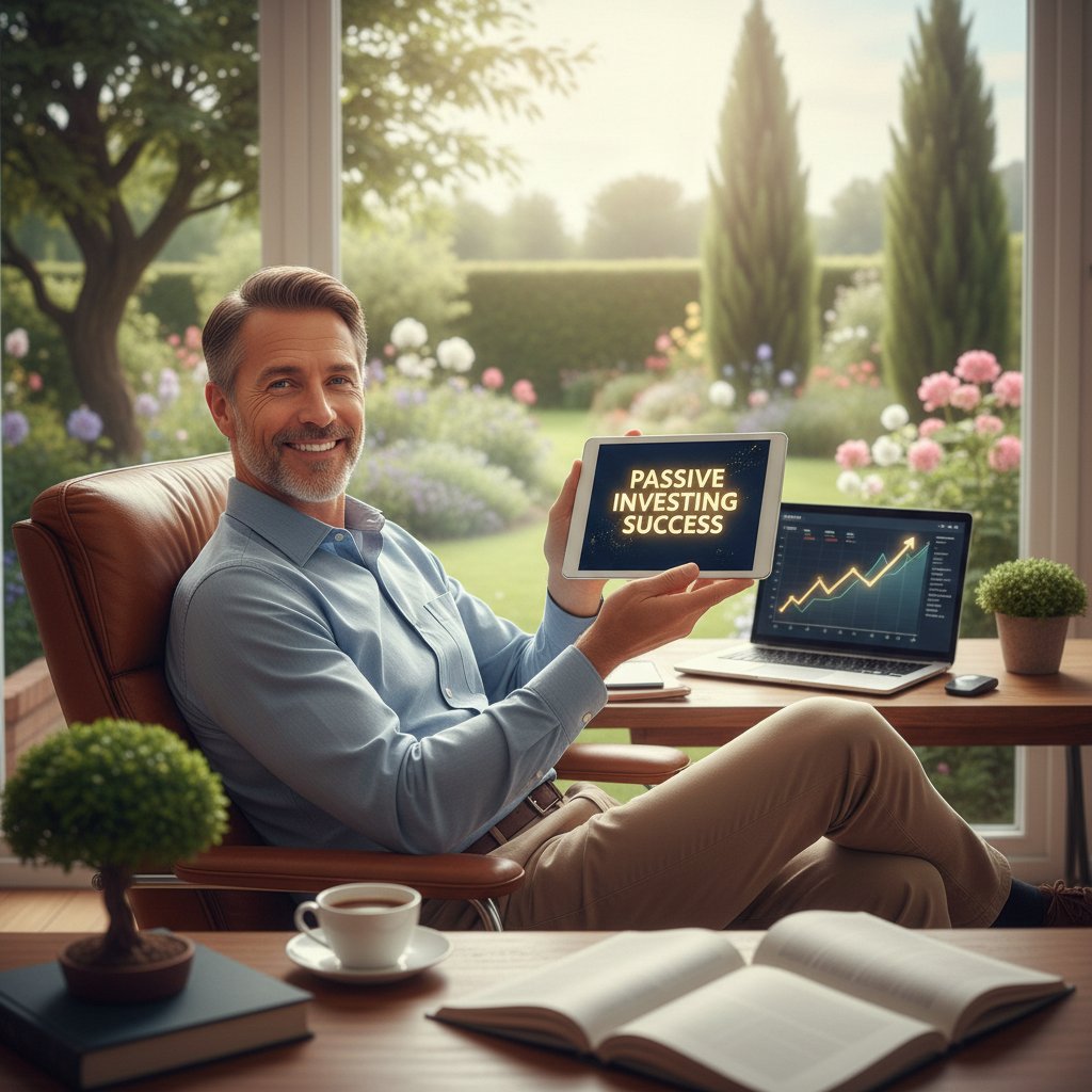 Zdjęcie portretowe zadowolonego inwestora na tle wykresu wzrostu, symbolizującego sukces pasywnej strategii